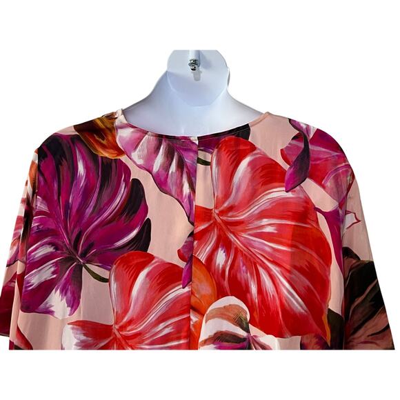 KAREN KANE TOP WOMENS SIZE LARGE TROPICAL PRINT FLARE HEM BLOUSE PINK NEW - Picture 8 of 13